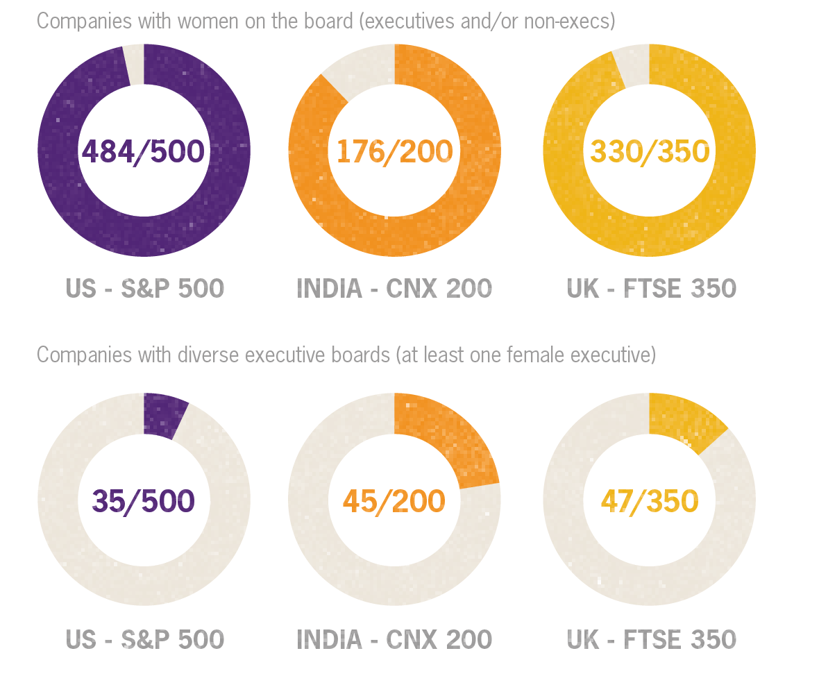 Comapnies with diverse boards in the US India and the UK